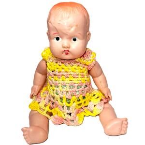 8" Sweet Vintage Celluloid Baby Doll With Crocheted Outfit